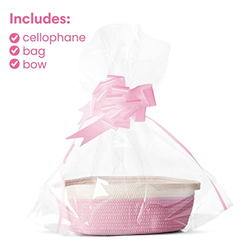 Розово подаръчен комплект кошници - Душ за момиченце | Розова вязаная кошница (12x8x5 инча), чанта-кошница, розово Лък