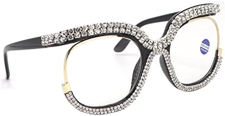 Дамски Очила за Четене със Скъпоценни Камъни, Извънгабаритни Стилни Кръгли Очила със Заключване Синя Светлина