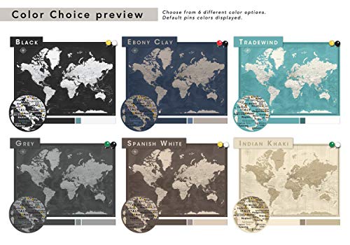 Карта за пътуване с пинами, Персонални върху платно | Карта на пътуване Премиум-клас с пинами | Черно-бяла карта на света, в различни