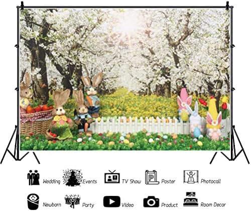 Yeele 5x3ft Пролетни Великденски Фонове, Великден Фотография, Мультяшные Рабиты, Зелена Трева и Жълто-Бели Цветя, Дърво,