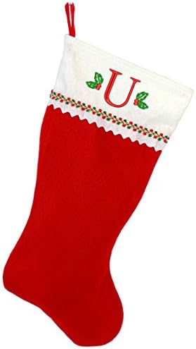 Коледни Чорапи с бродирани мен монограм, Червено-Бяло фетр, Инициал U