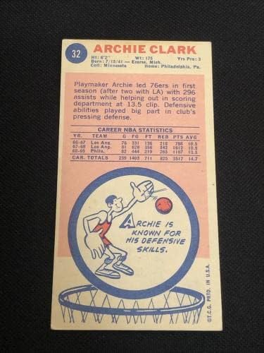 Арчи Кларк 1969-70 Начинаещ Топпс Подписа Картичка с автограф Филаделфия сиксерс - Баскетболни карти за начинаещи