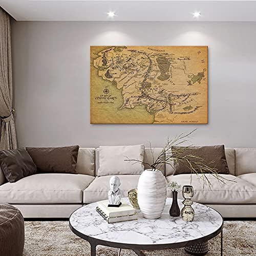 Голяма карта на света Стенно изкуство върху платно, Щампи върху платно с карта на Пръстените, Боядисване с карта на средната